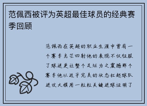 范佩西被评为英超最佳球员的经典赛季回顾
